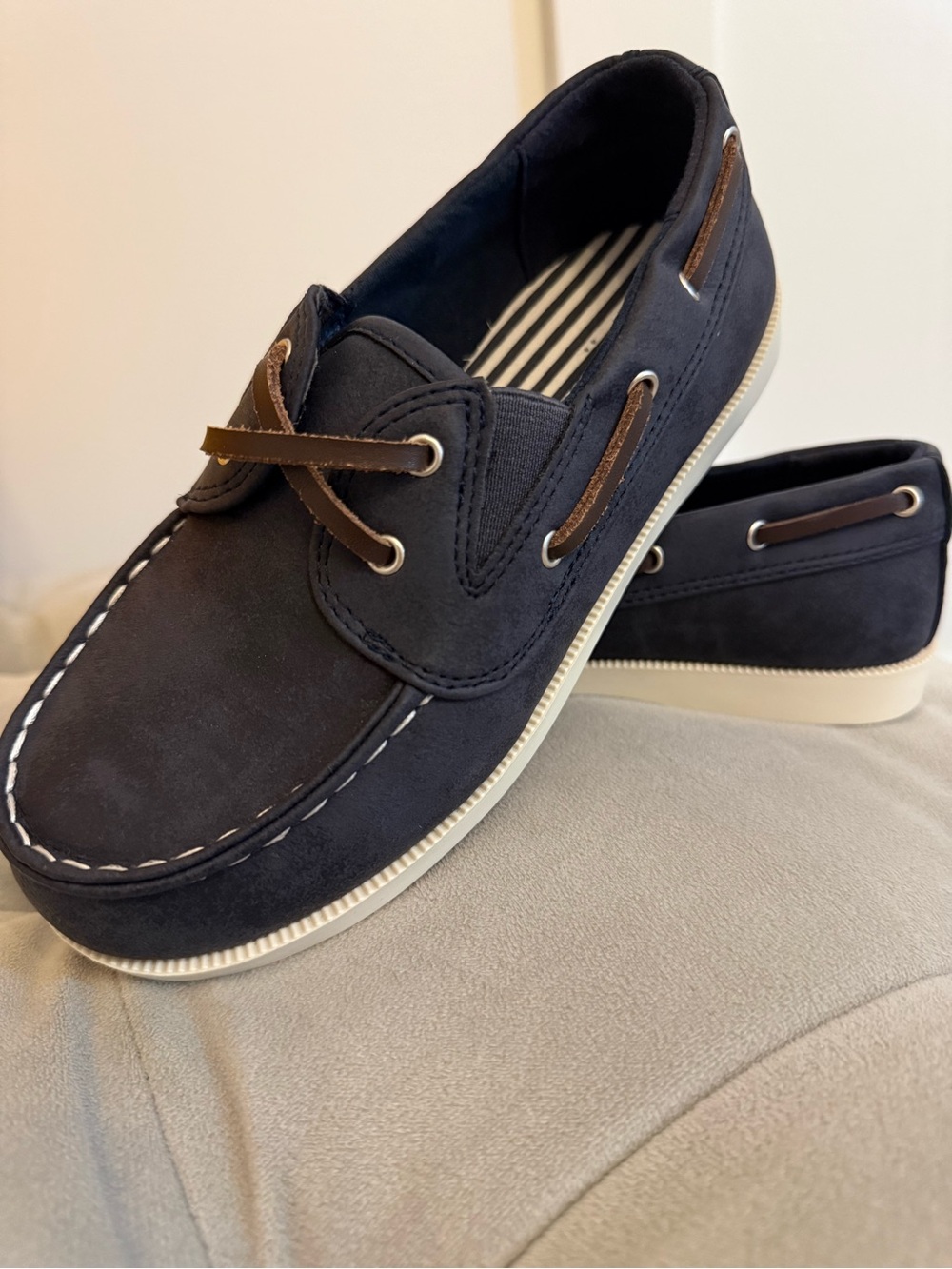 Kid’s Navy Suede Boat Shoes with Brown Laces